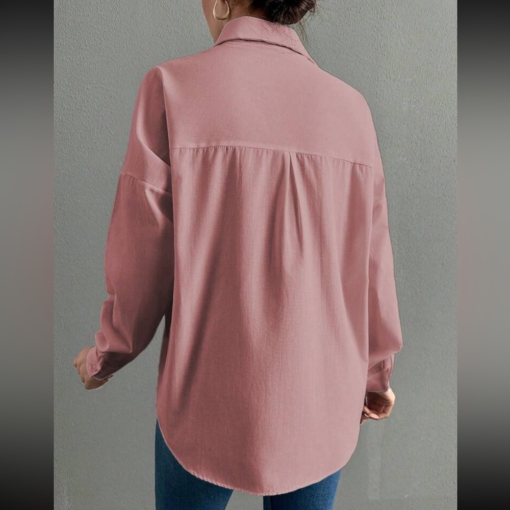 Boho pink blue eye embroidered button down long sleeve shirt - Picture 2 of 5